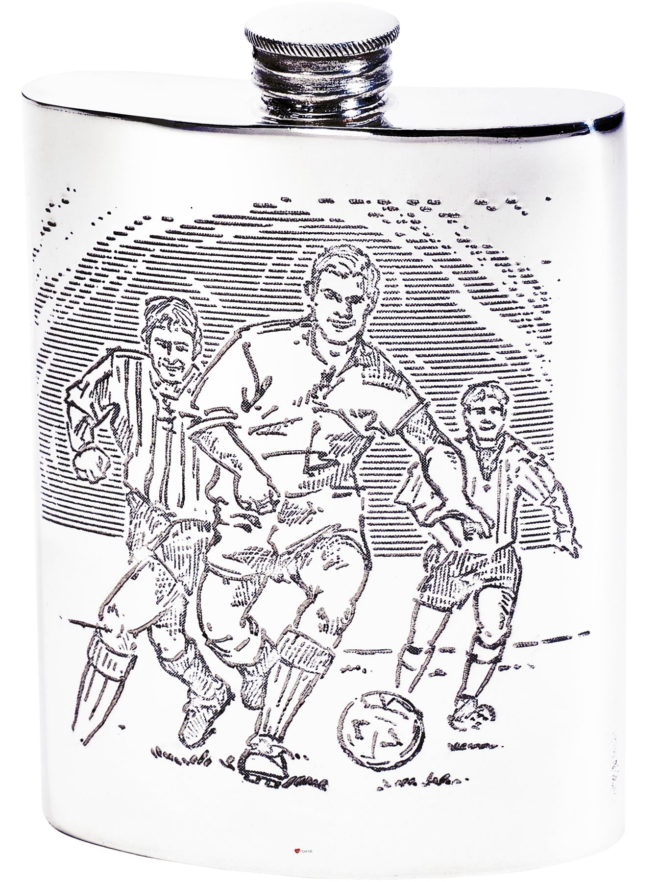 Kidney Shaped Flask 6oz Pewter with Soccer Scenes on Both Sides