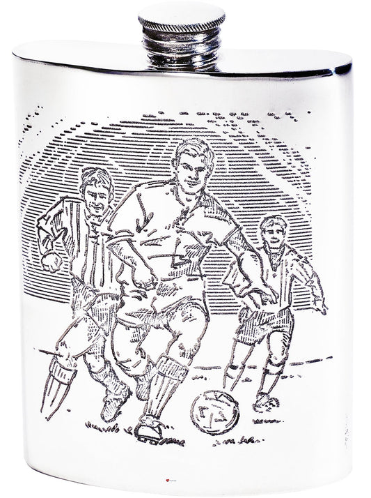 Kidney Shaped Flask 6oz Pewter with Soccer Scenes on Both Sides