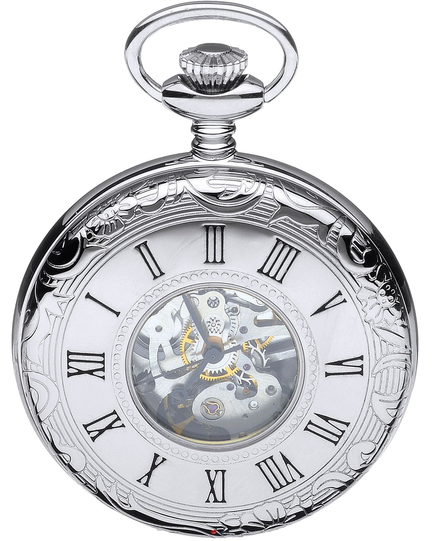 Half Hunter Skeleton Pocket Watch Chromed Polished Back 17 Jewel