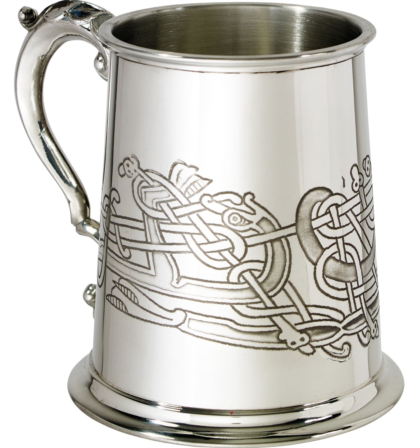 1 Pint Pewter Tankard with Celtic Birds Design Scroll Handle