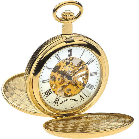 Skeleton Full Double Hunter Pocket Watch Gold Plated Polished 17 Jewel