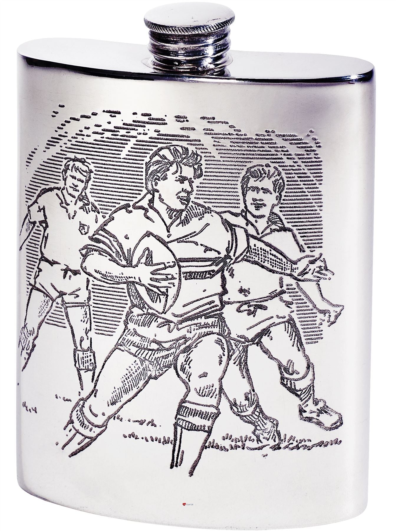 Kidney Shaped Flask 6oz Pewter with Rugby Scenes on Both Sides