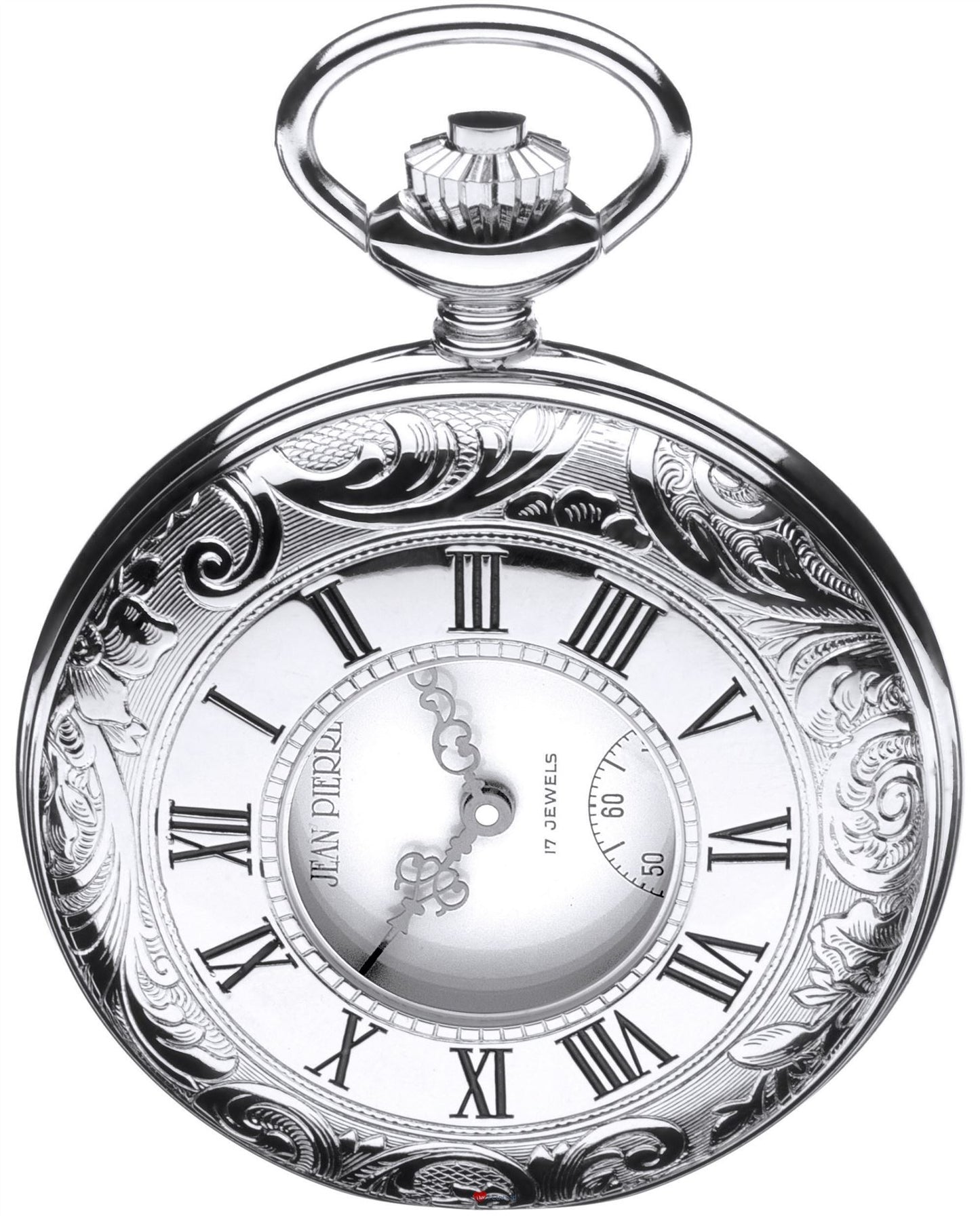 Pocket Watch Ornate Half Hunter 17 Jewel Mechanical Chrome