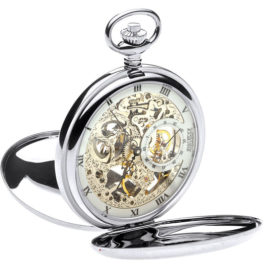 Skeleton Full Double Hunter Pocket Watch 17 Jewelled Mechanical Chromed