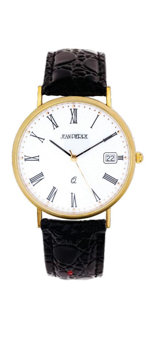 9ct Gold Gents Wristwatch Roman Numerals and Date Black Leather Strap