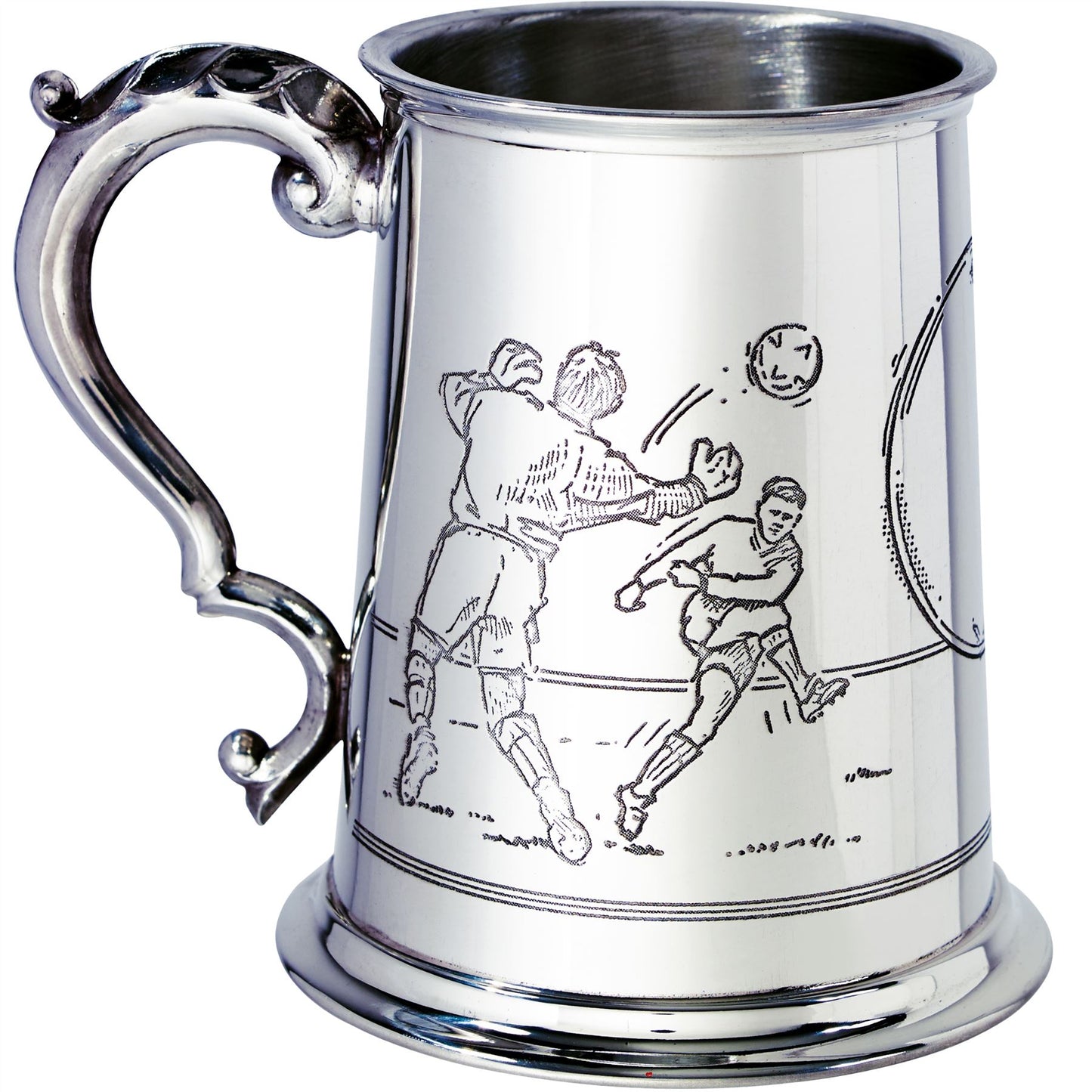 Pewter Tankard 1 Pint with Soccer Scenes on Both Sides and Antique Handle