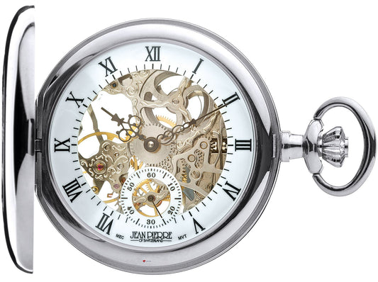 Skeleton Pocket Watch Half Hunter 17 Jewelled Mechanical Chromed