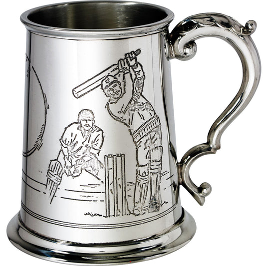 Pewter Tankard 1 Pint with Cricket Scenes on Both Sides and Antique Handle