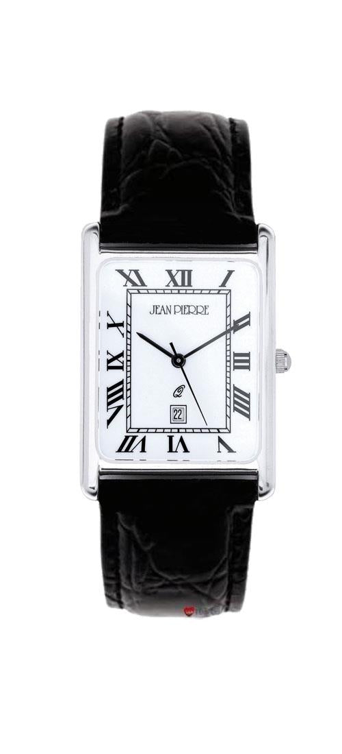 Sterling Silver Gents Wristwatch Rectangle Roman Numerals Black Leather Strap