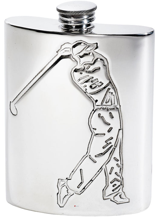 Kidney Shaped Flask 6oz Pewter with Golf Scenes on Both Sides