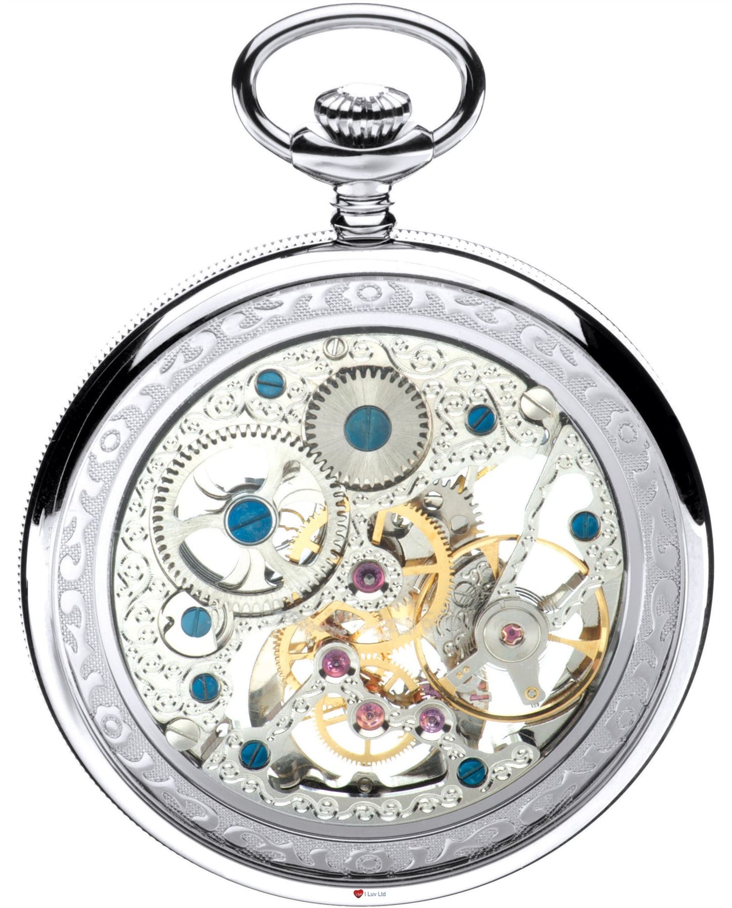 Open Face Skeleton Pocket Watch 17 Jewelled Mechanical Chromed