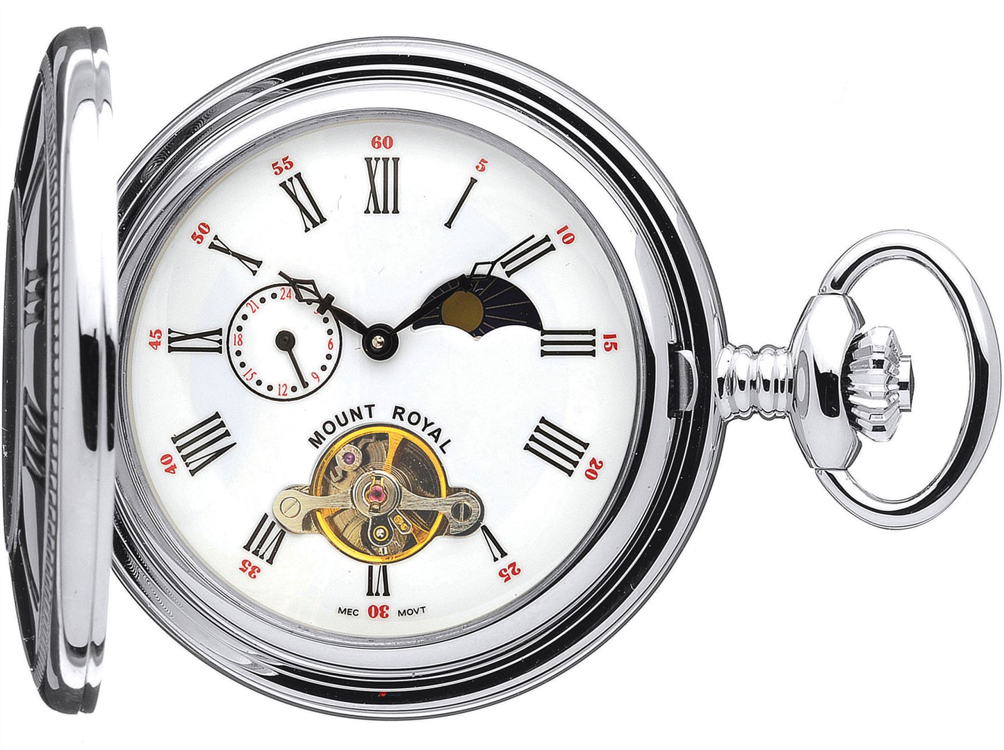 Skeleton Half Hunter Pocket Watch Chrome Polished Back 17 Jewel Mechanical