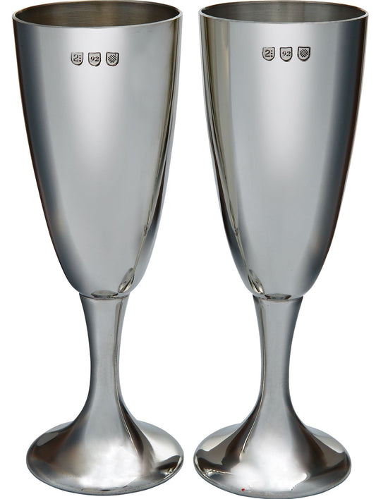 Pair of Polished Pewter Champagne Flutes in a Silk Lined Presentation Box