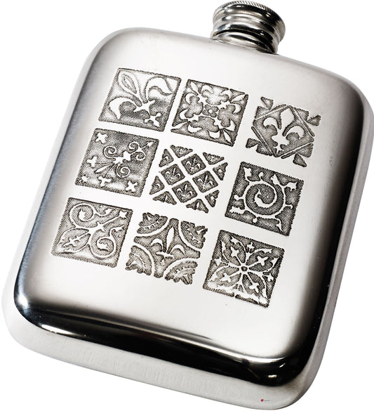 Pocket 4oz Pewter Hip Flask with Medieval Tile Motifs