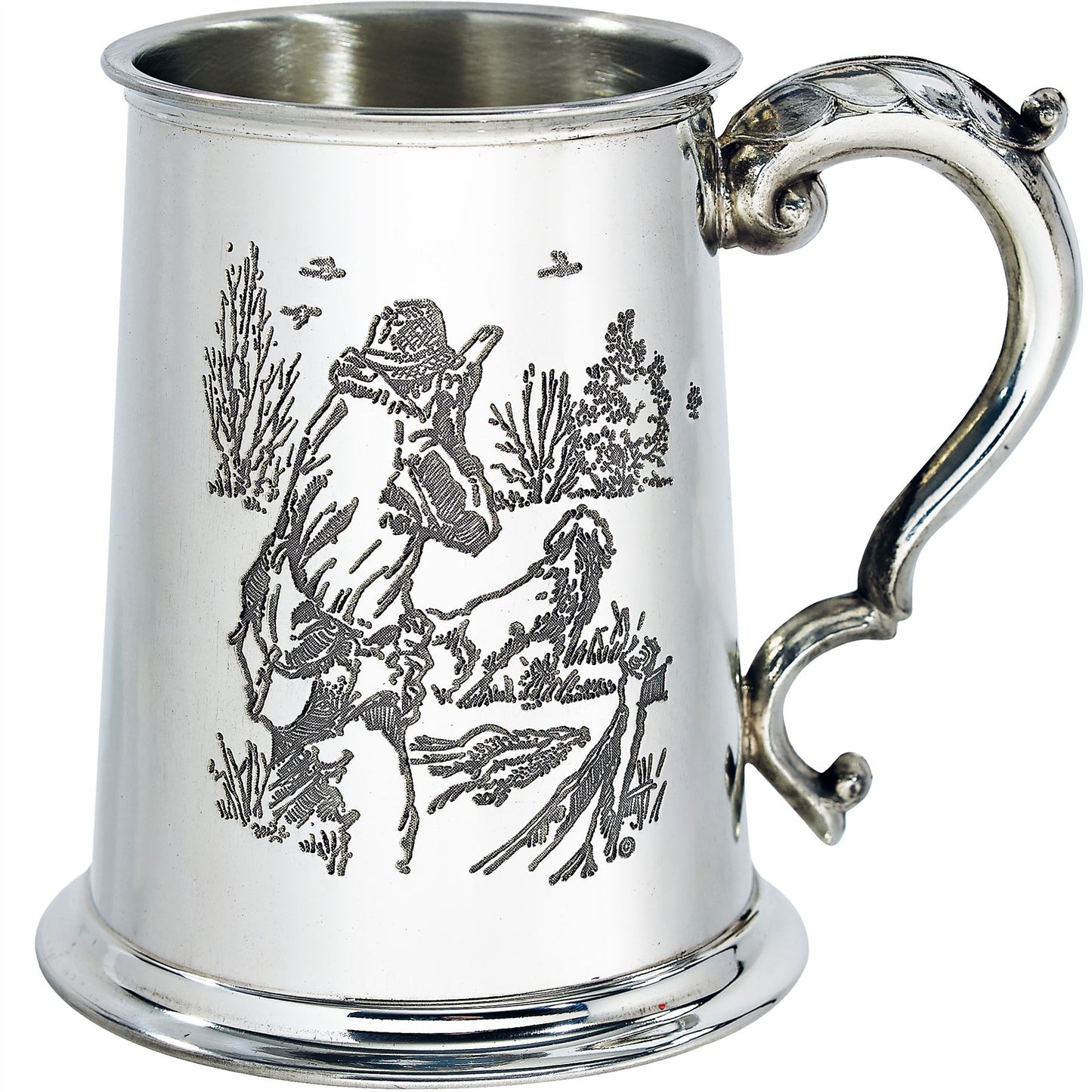 Pewter Tankard 1 Pint Shooting Scenes on Both Sides and Antique Handle