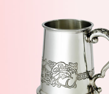 Pint Pewter Tankard with Irish Harp Design and Harp Handle